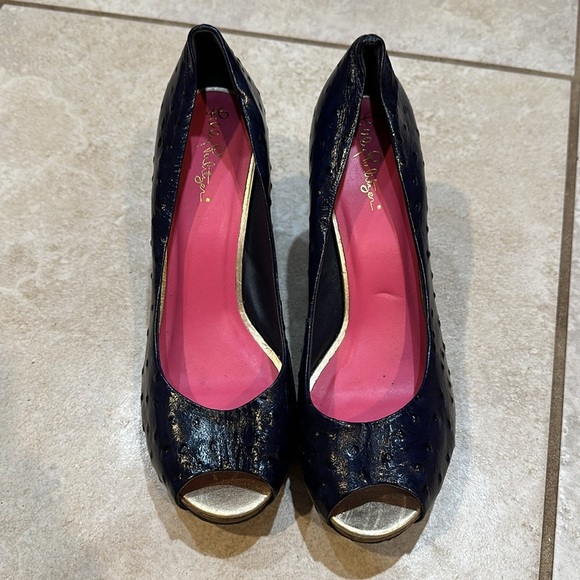 Lilly Pulitzer Navy Leather Cork Wedge Heels 8.5 - Picture 2 of 7